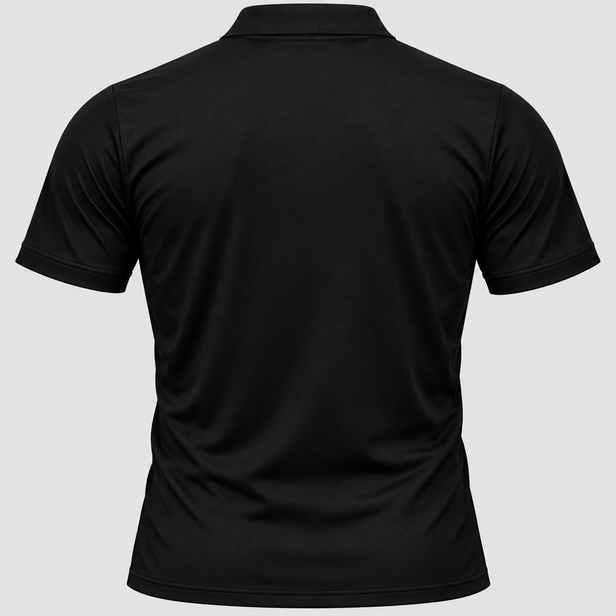 Back view of the polo shirt in solid black with short sleeves and plain rear panel