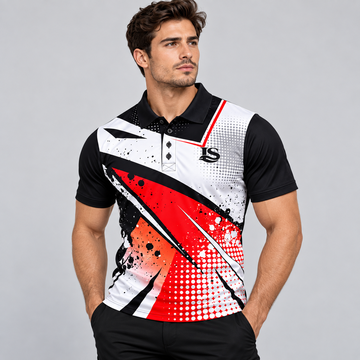 Men's fit view showing the sporty polo worn with black trousers from the front