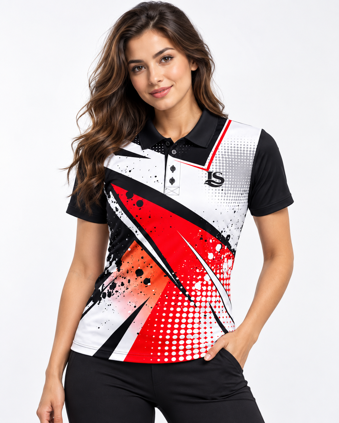Women's fit view of the same graphic polo highlighting the tailored silhouette and print placement