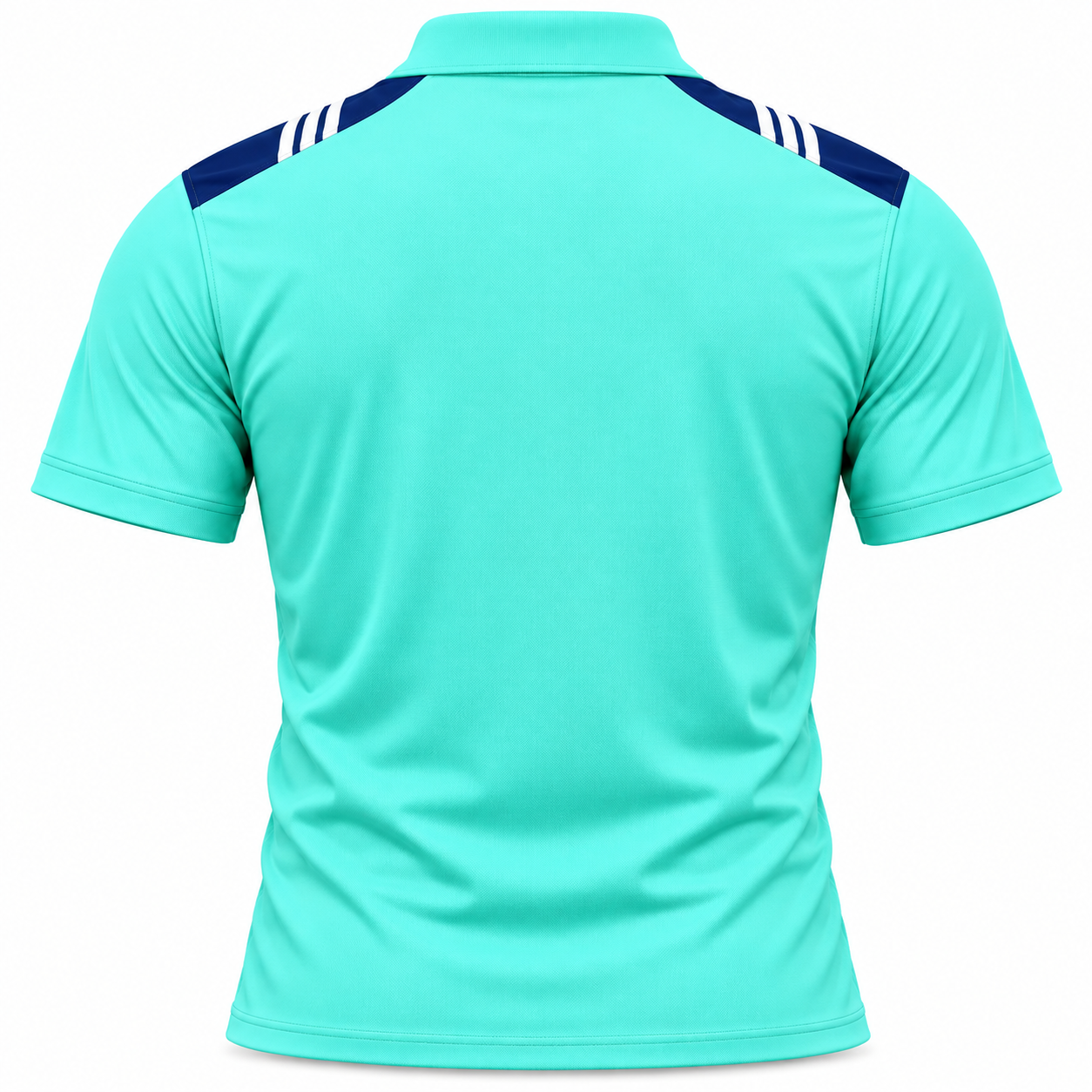 Back view of the polo shirt in solid aqua with navy shoulder panels and white stripe accents