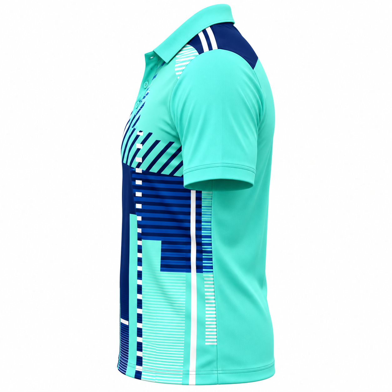 Left side profile showing the geometric front print, aqua sleeve, and structured polo collar