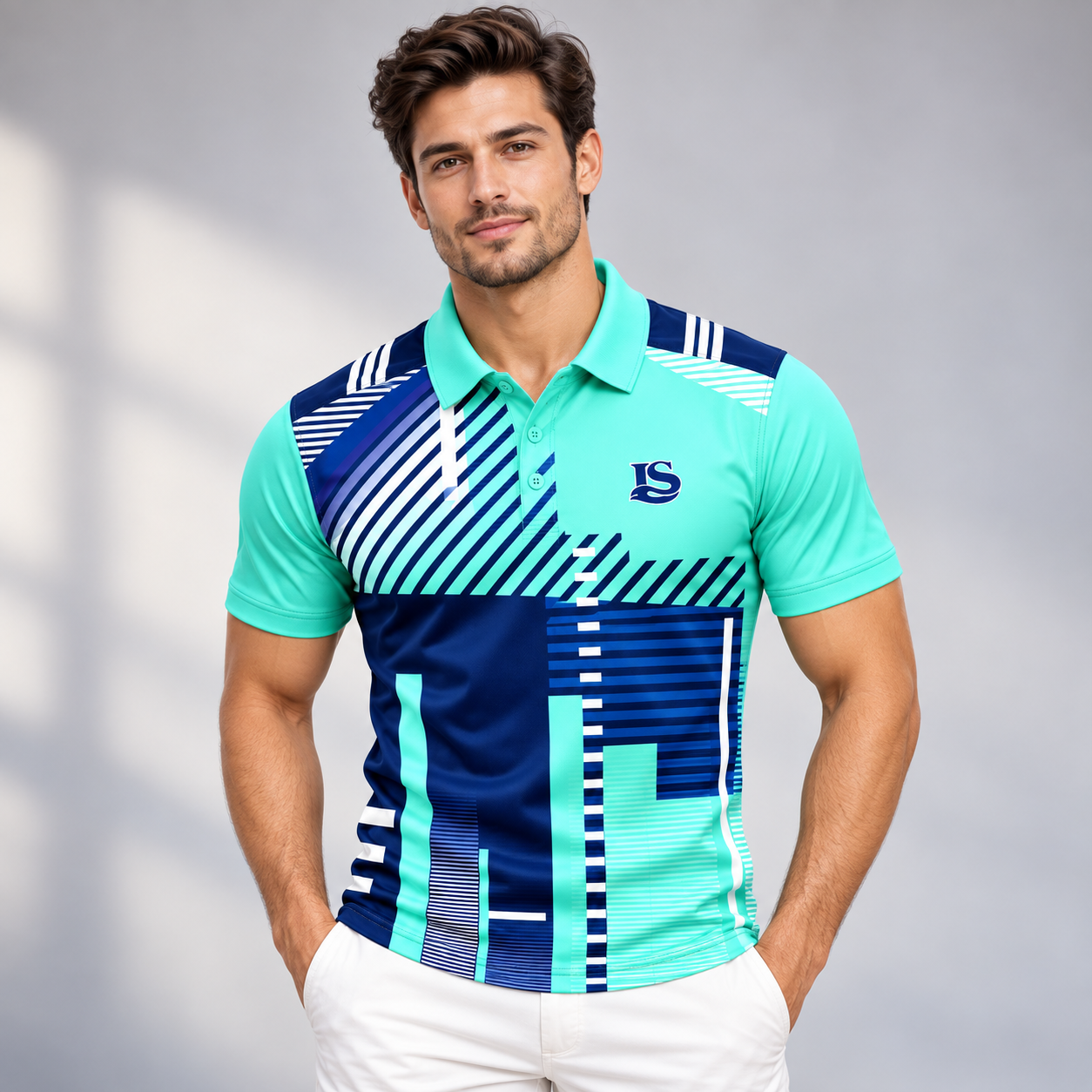 Male model wearing the aqua and navy printed polo with white trousers in a styled fit view