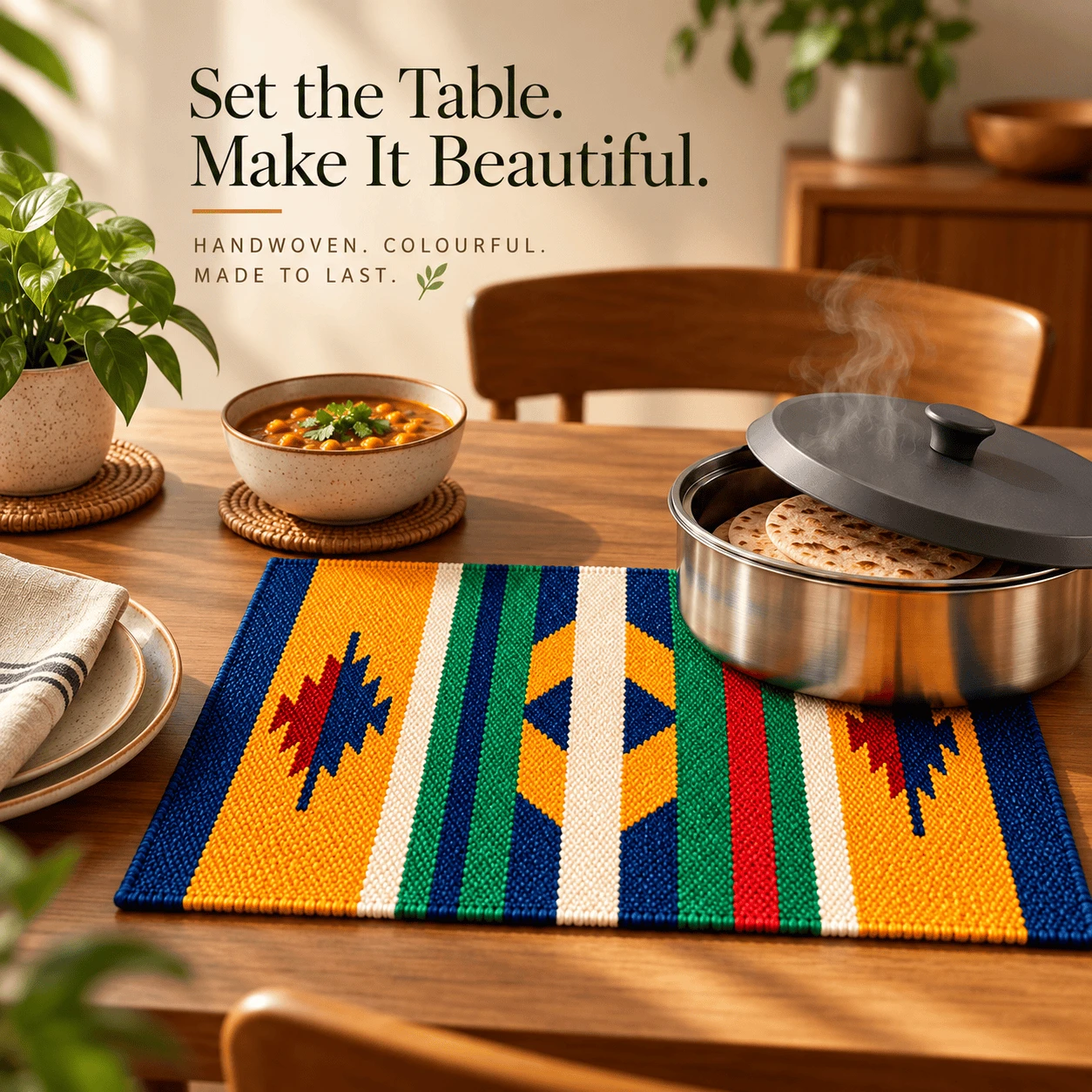 Colorful woven placemat on a dining table with geometric stripes, holding a hot casserole dish