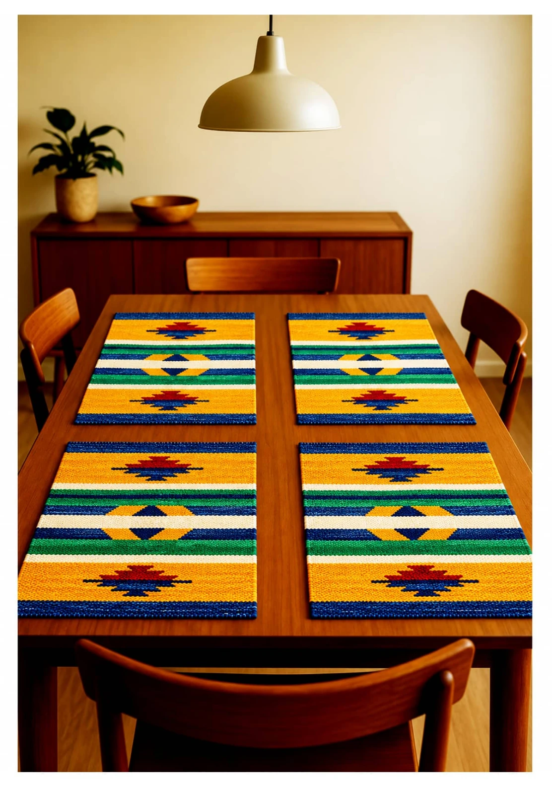 Set of four matching woven placemats arranged on a wooden dining table under a pendant lamp