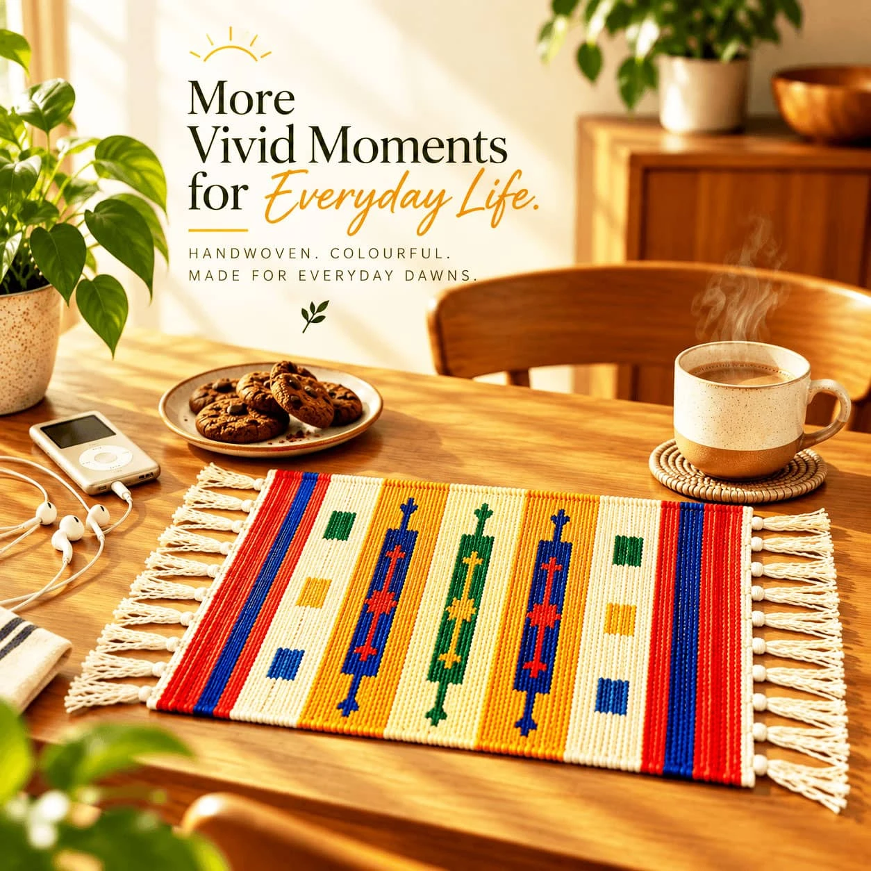 Colorful tasseled woven mat styled on a wooden table beside a mug, cookies and earphones