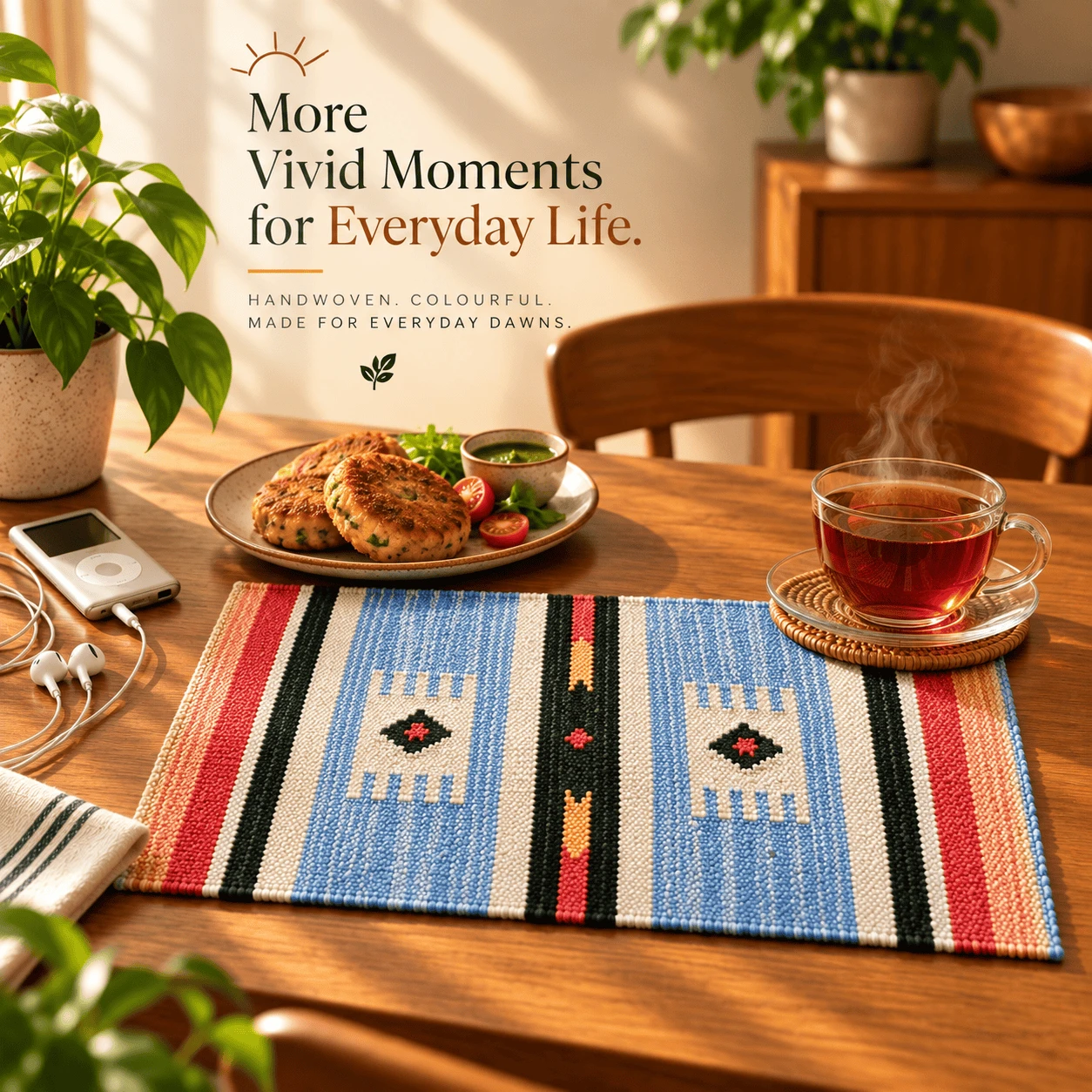 Flat lay of a handwoven multicolor table runner with geometric pattern and tasseled edges on wood table