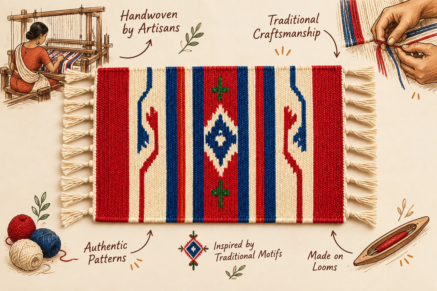 Handwoven red, blue and ivory tasseled textile with traditional motifs and artisan craft illustrations