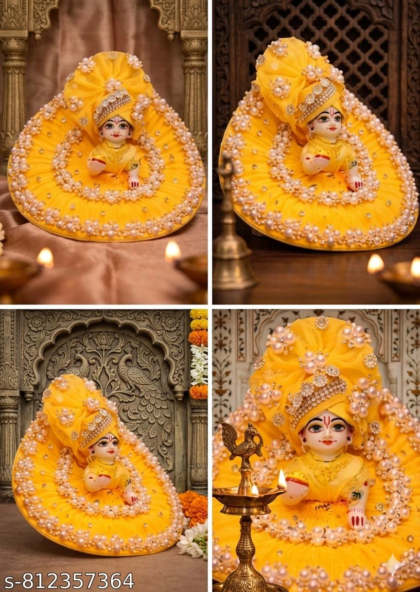 Collage showing Laddu Gopal idol in yellow pearl-studded dress from front, side, angled, and close-up views