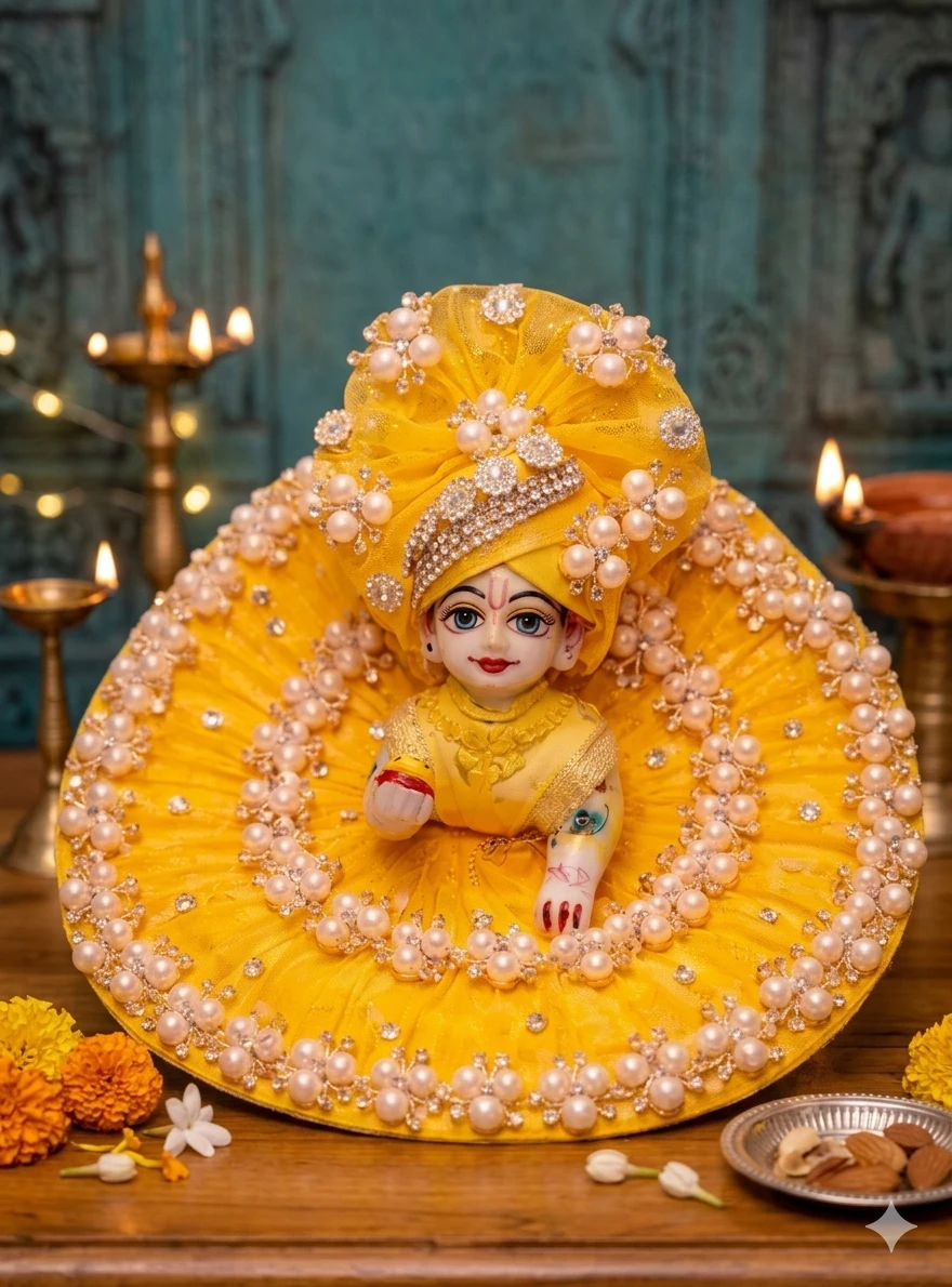 Front view of Laddu Gopal in a bright yellow flared outfit with matching turban, pearl garlands, and rhinestones