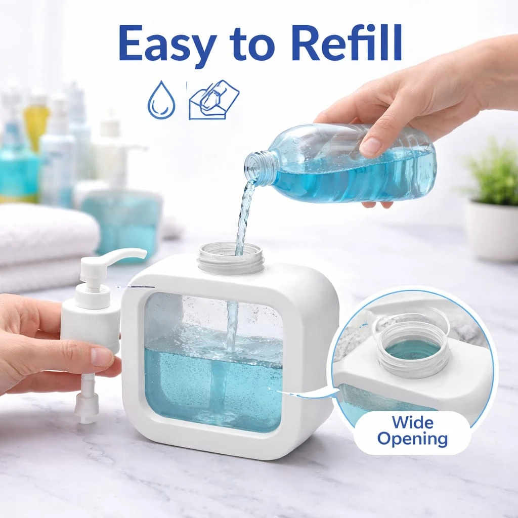 White square soap dispenser being refilled with blue liquid, with pump removed and wide-opening inset