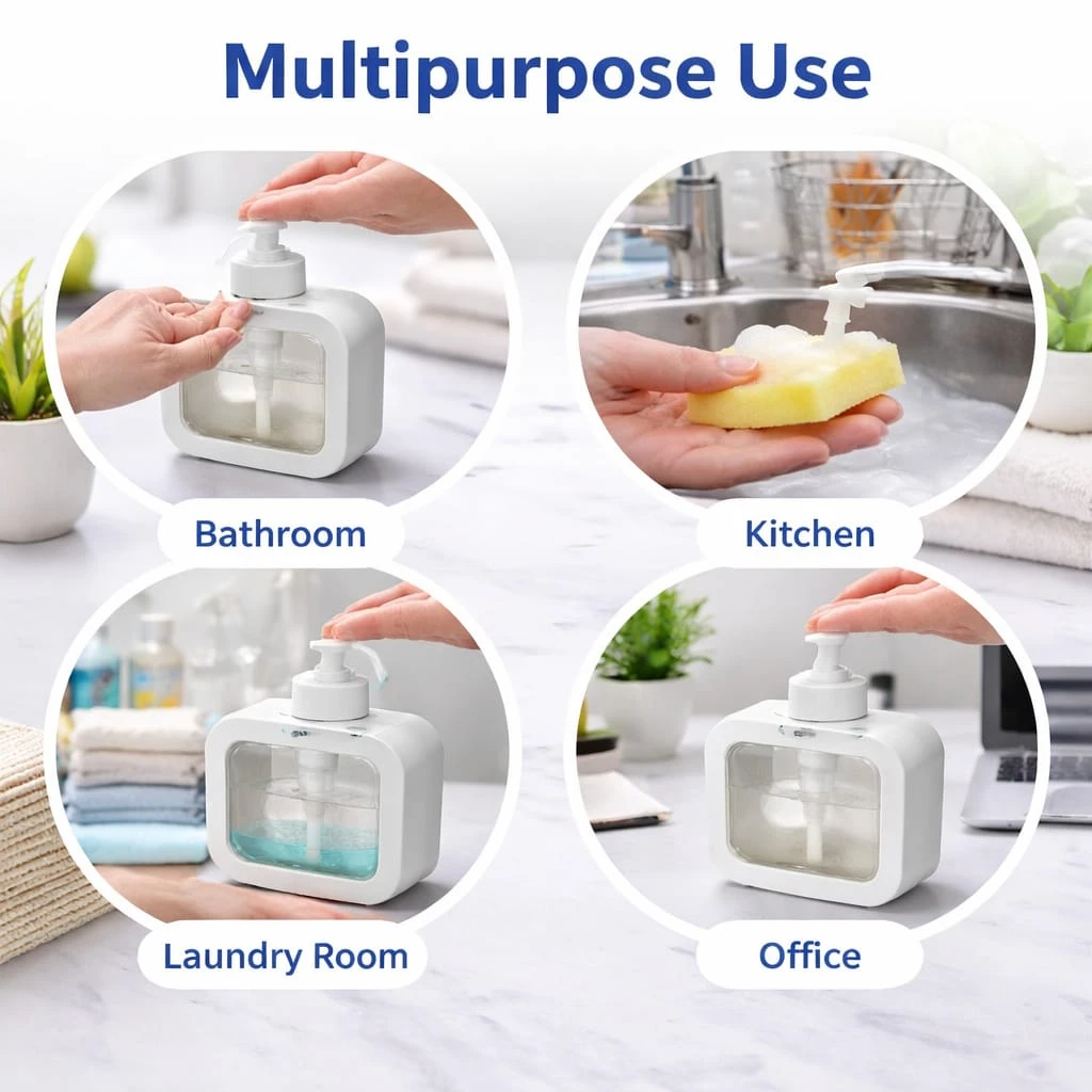 Multipurpose use graphic showing the dispenser in bathroom, kitchen, laundry room and office settings