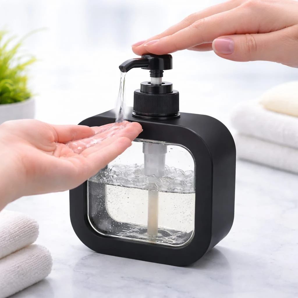 Black dispenser dispensing clear soap into a hand, showing the front window and pump in use