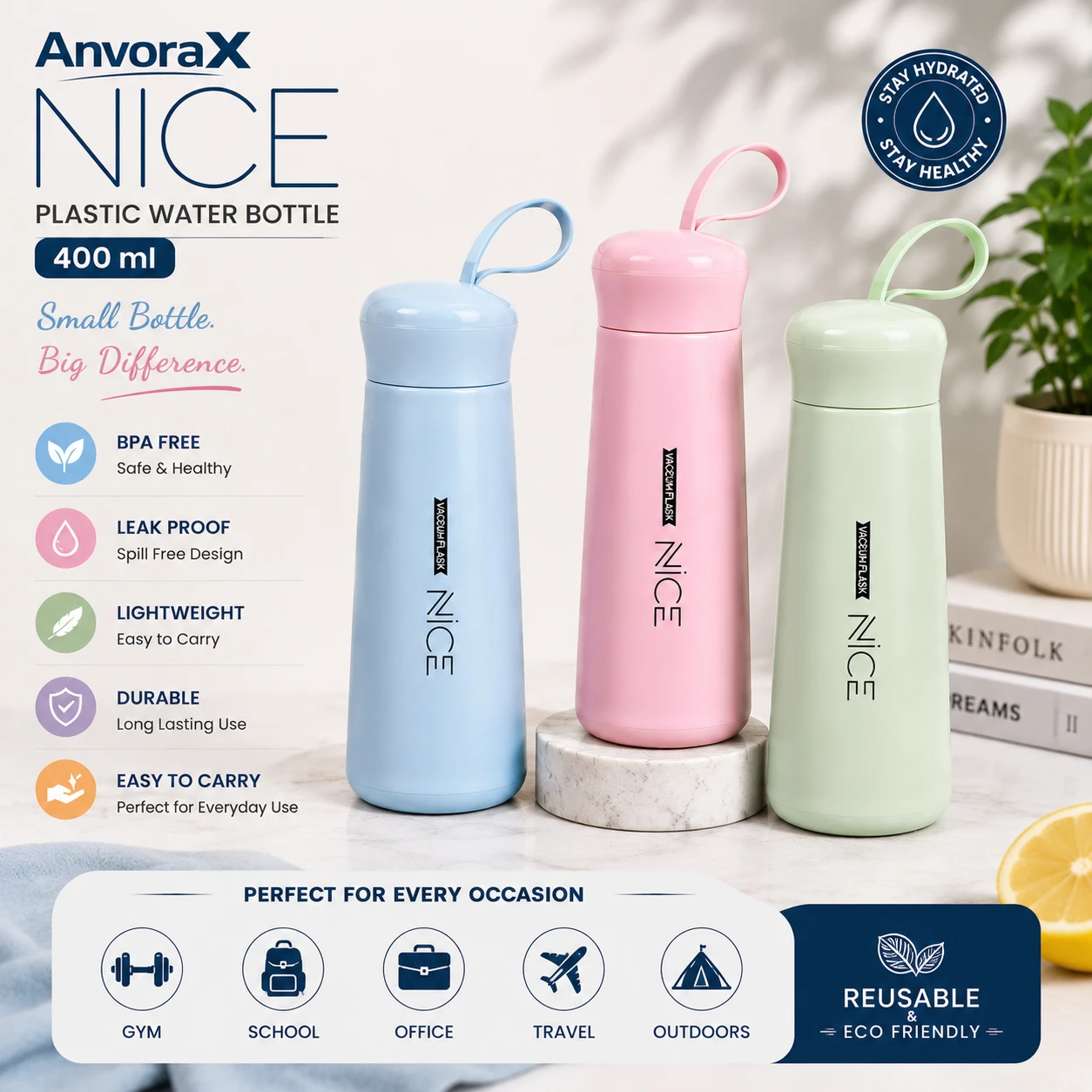 Pastel blue, pink and mint 400 ml Anvorax bottles with loop caps and BPA-free leak-proof feature icons