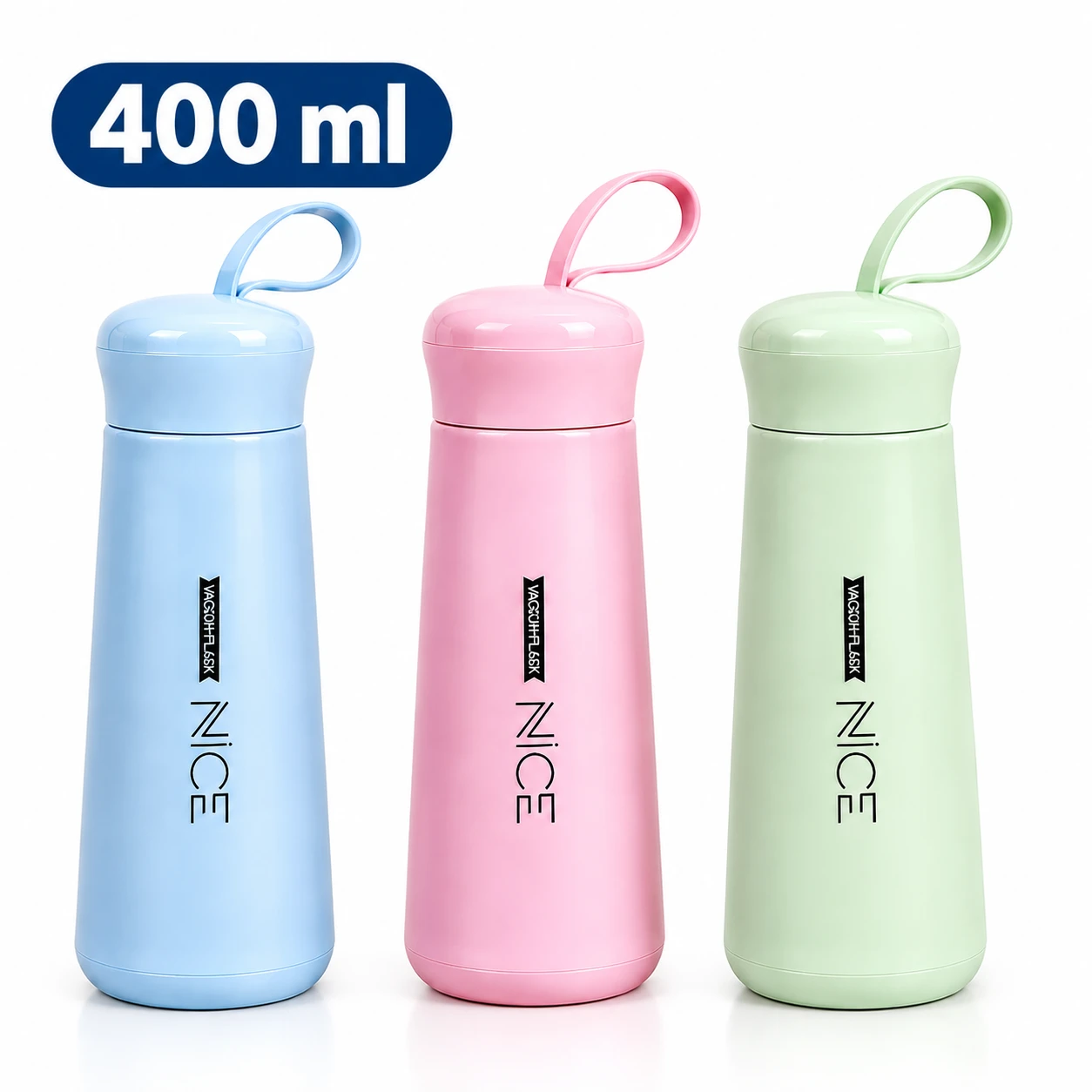 Three tall insulated bottles in blue, pink and pale green with loop-handle lids, shown with 400 ml text