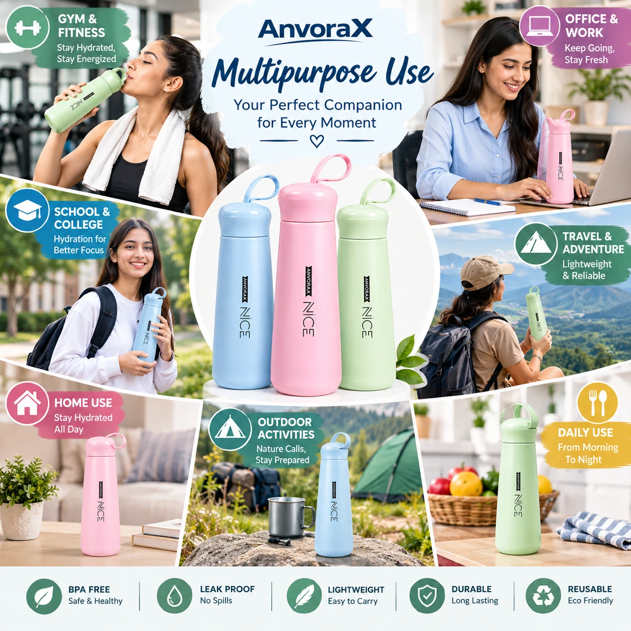 AnvoraX multipurpose-use infographic showing blue, pink and mint loop-cap bottles across gym, office, travel and home scenes