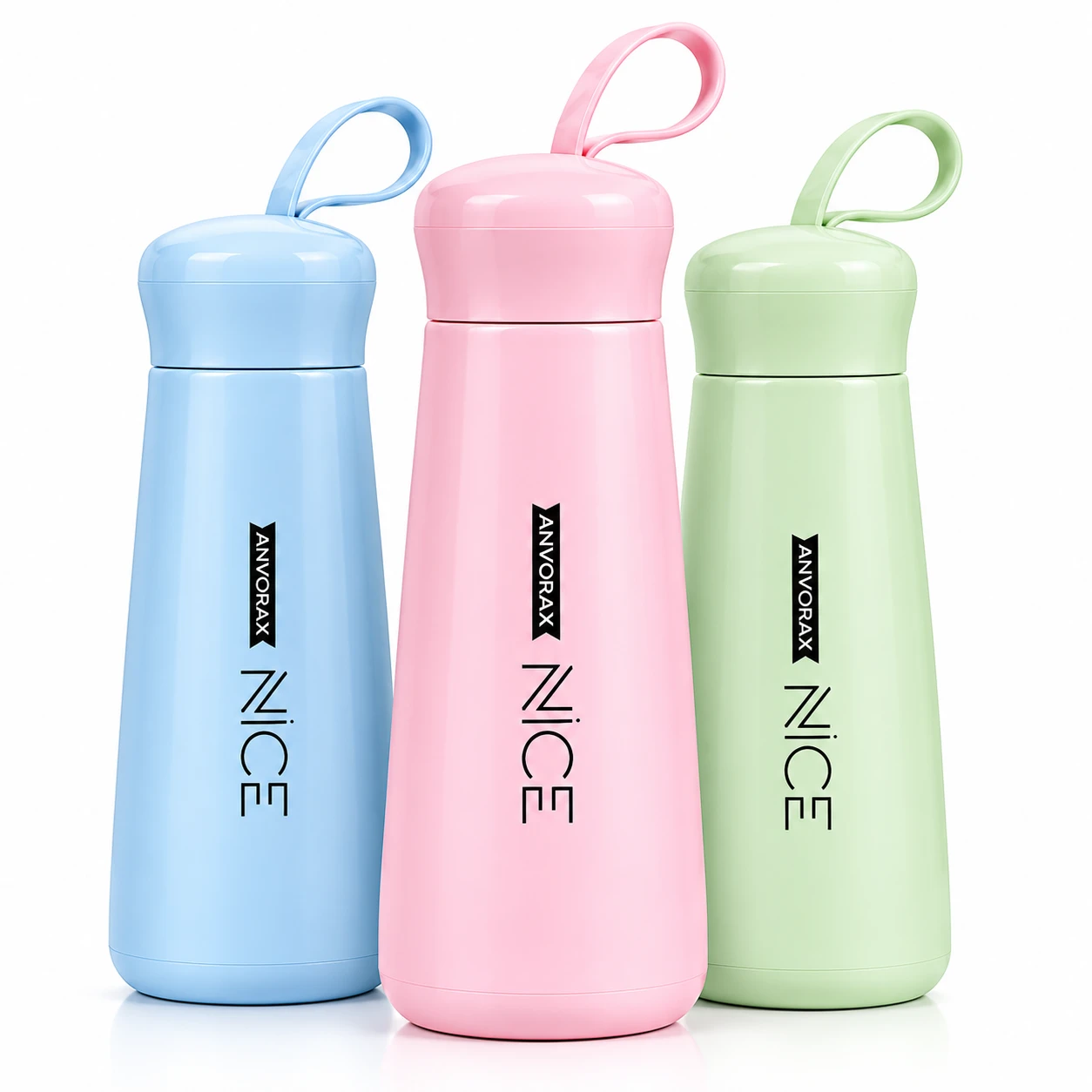 Front view of three Anvorax Nice bottles in pastel blue, pink and mint with oversized loop-handle lids