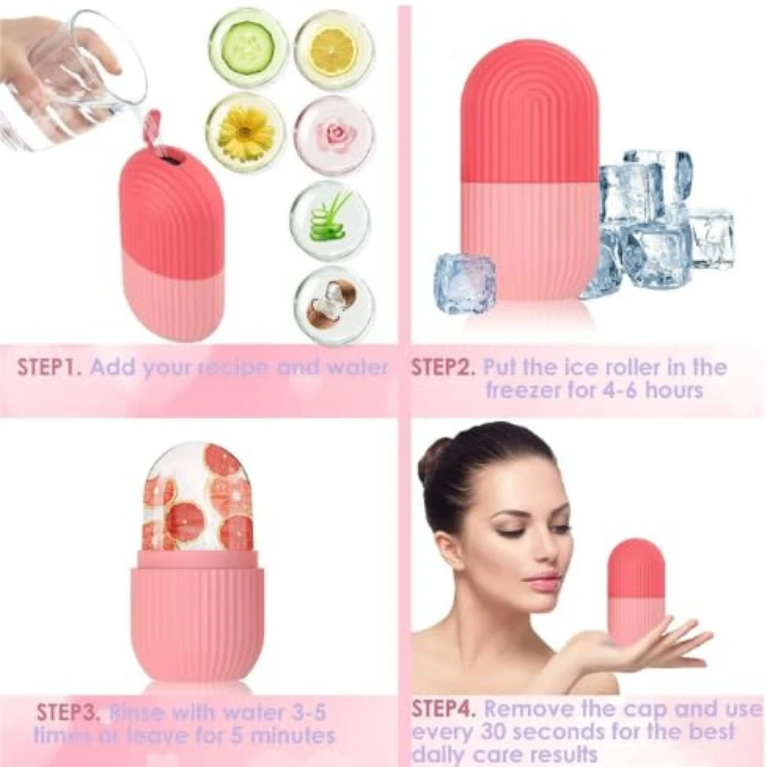 Four-step usage guide showing filling, freezing, rinsing, and facial use of the pink ice roller