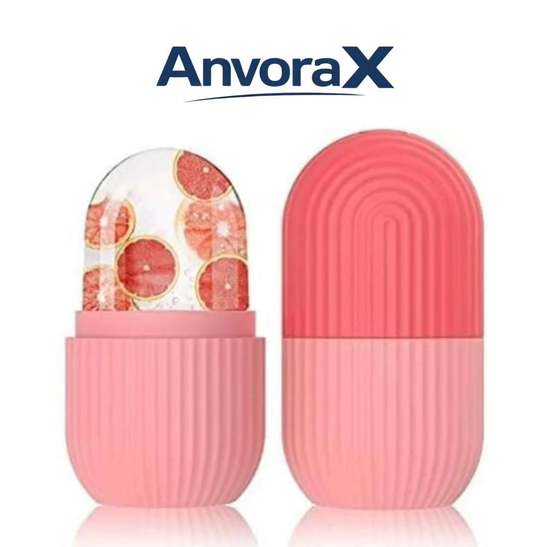 Anvorax pink ice face roller opened beside closed cap with citrus slices frozen inside the head