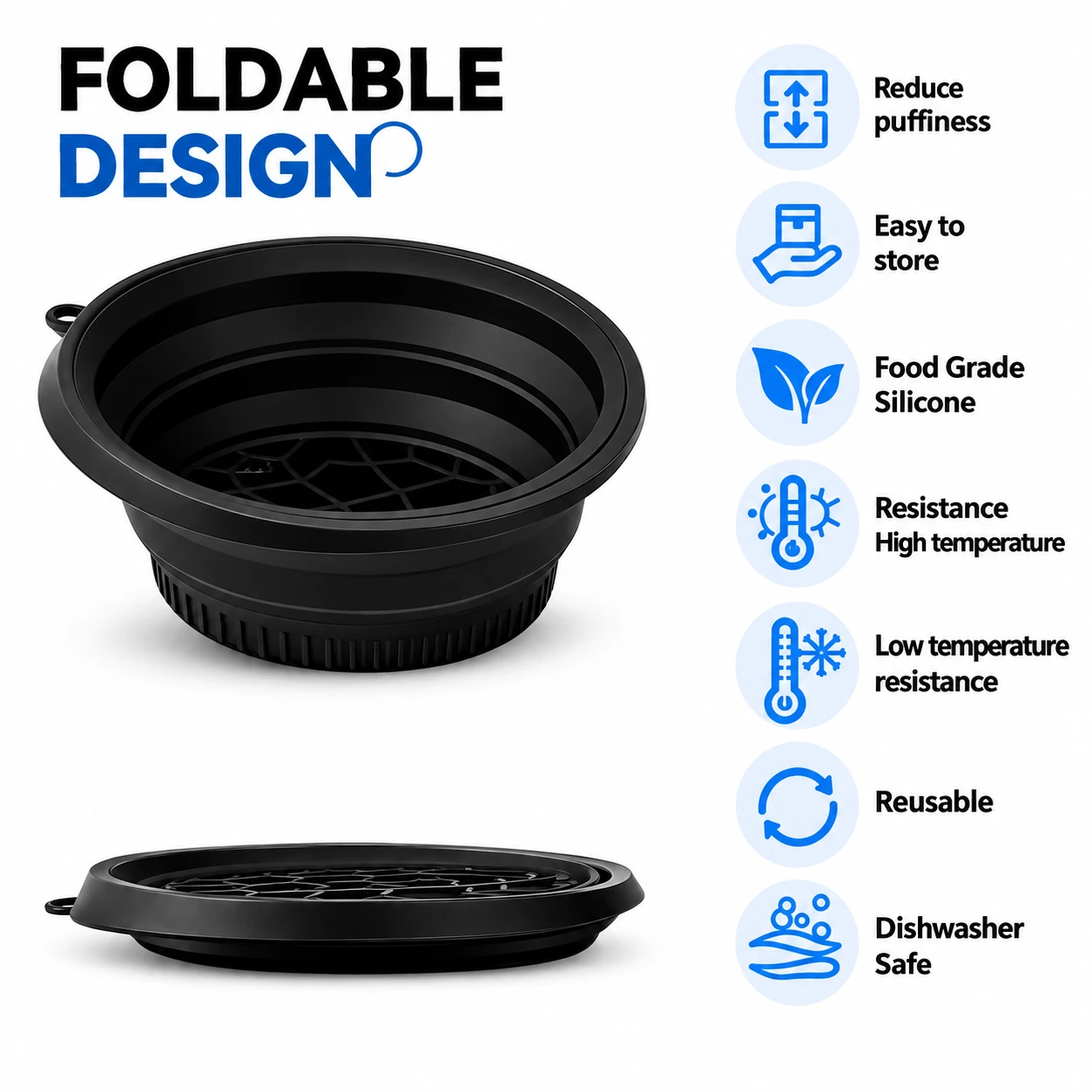 Black collapsible silicone ice bucket shown expanded and folded flat with feature icons on white background