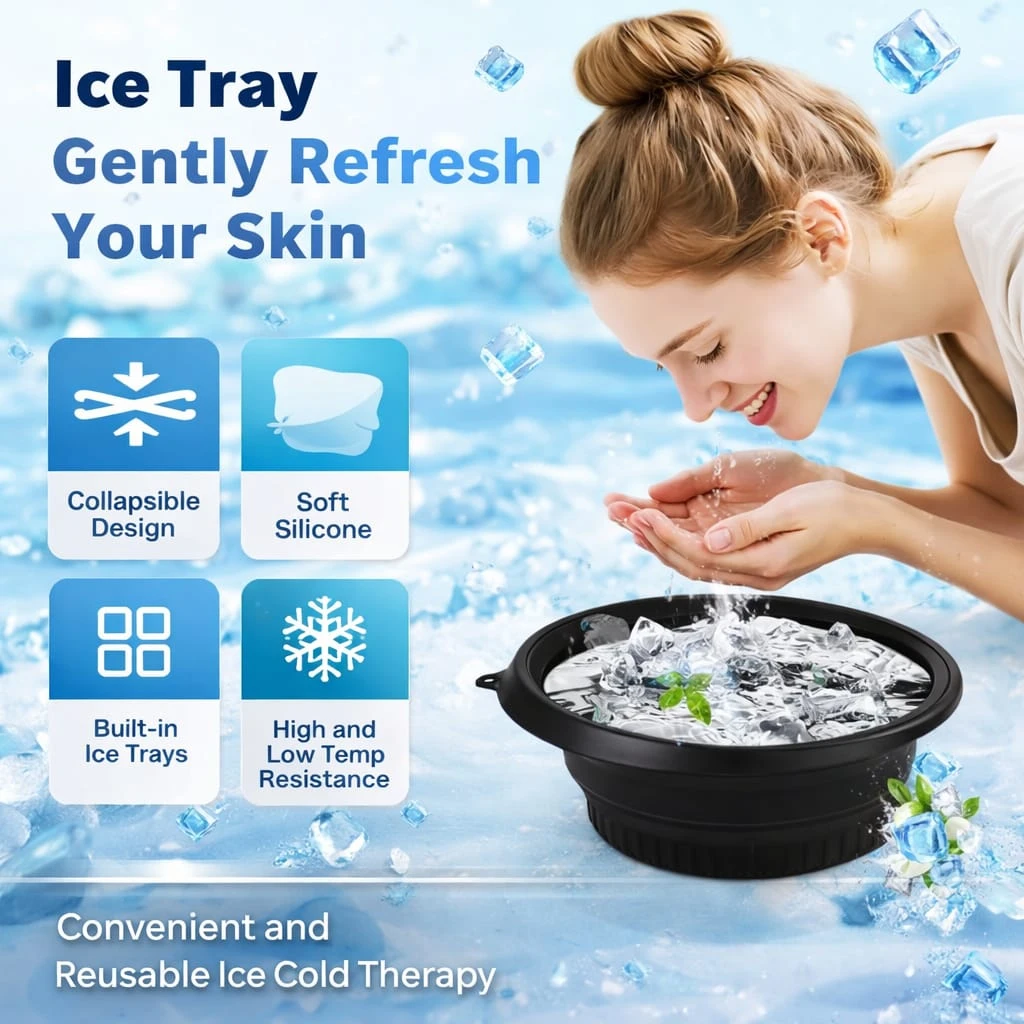 Cold therapy infographic with black silicone face bowl full of ice beside feature icons and skincare text