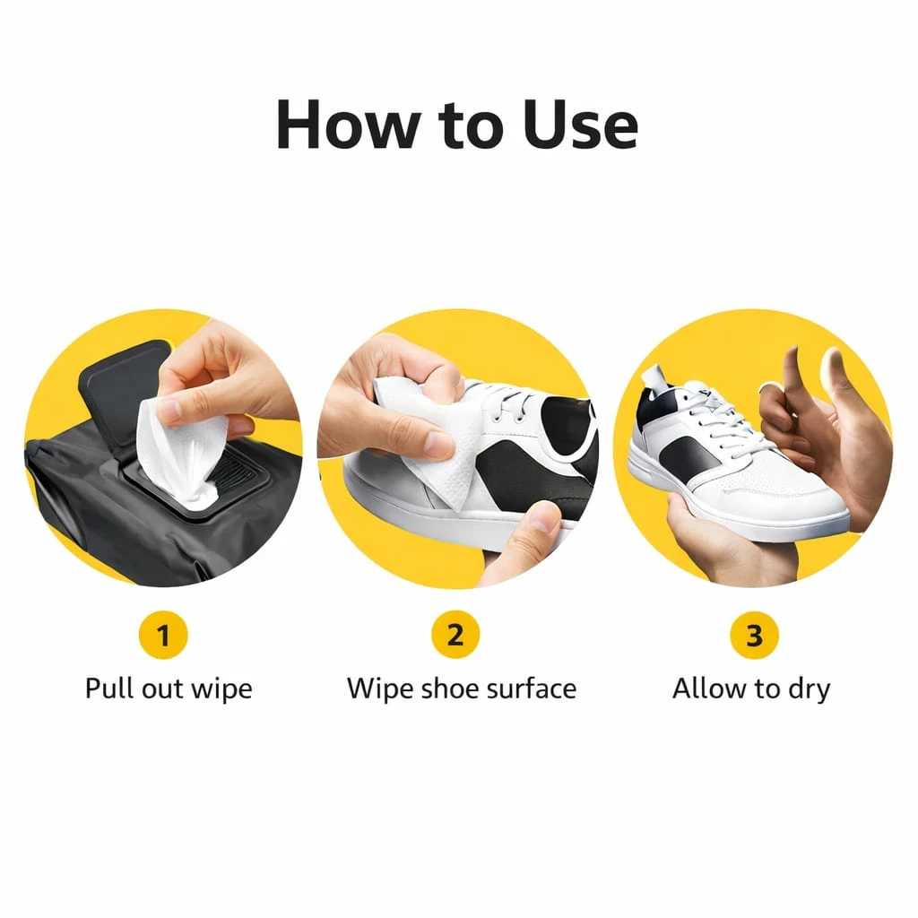 Three-step usage guide showing wipe pulled out, shoe being cleaned, and finished white sneaker