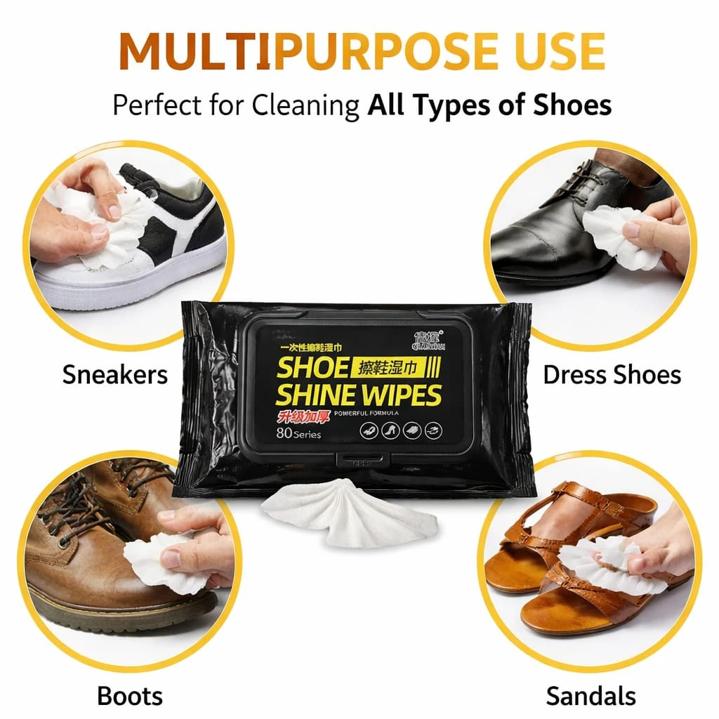 Multipurpose use chart showing the wipes for sneakers, dress shoes, boots and sandals