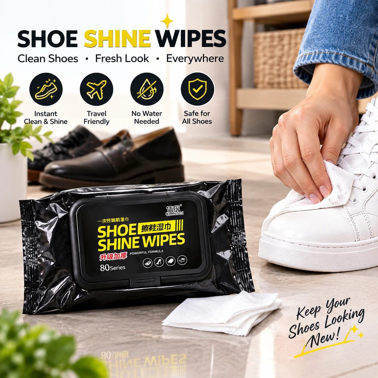 Shoe shine wipes pouch on floor beside folded wipes as a hand cleans a white sneaker, with feature icons above