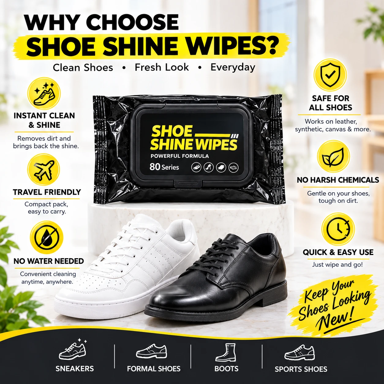 Infographic with shoe shine wipes pack centered above white sneaker and black dress shoe, listing cleaning benefits