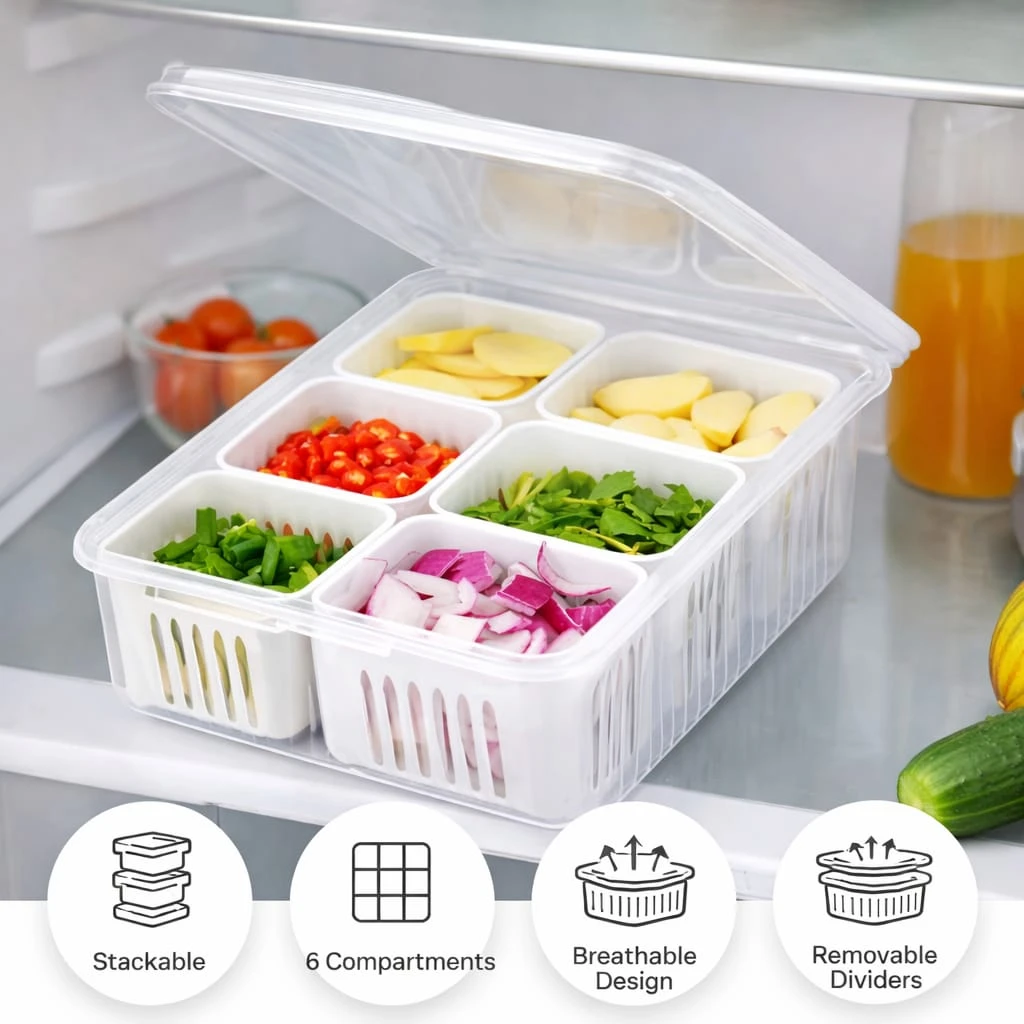 Six-compartment storage box placed inside a refrigerator with icons for stackable, breathable and removable dividers