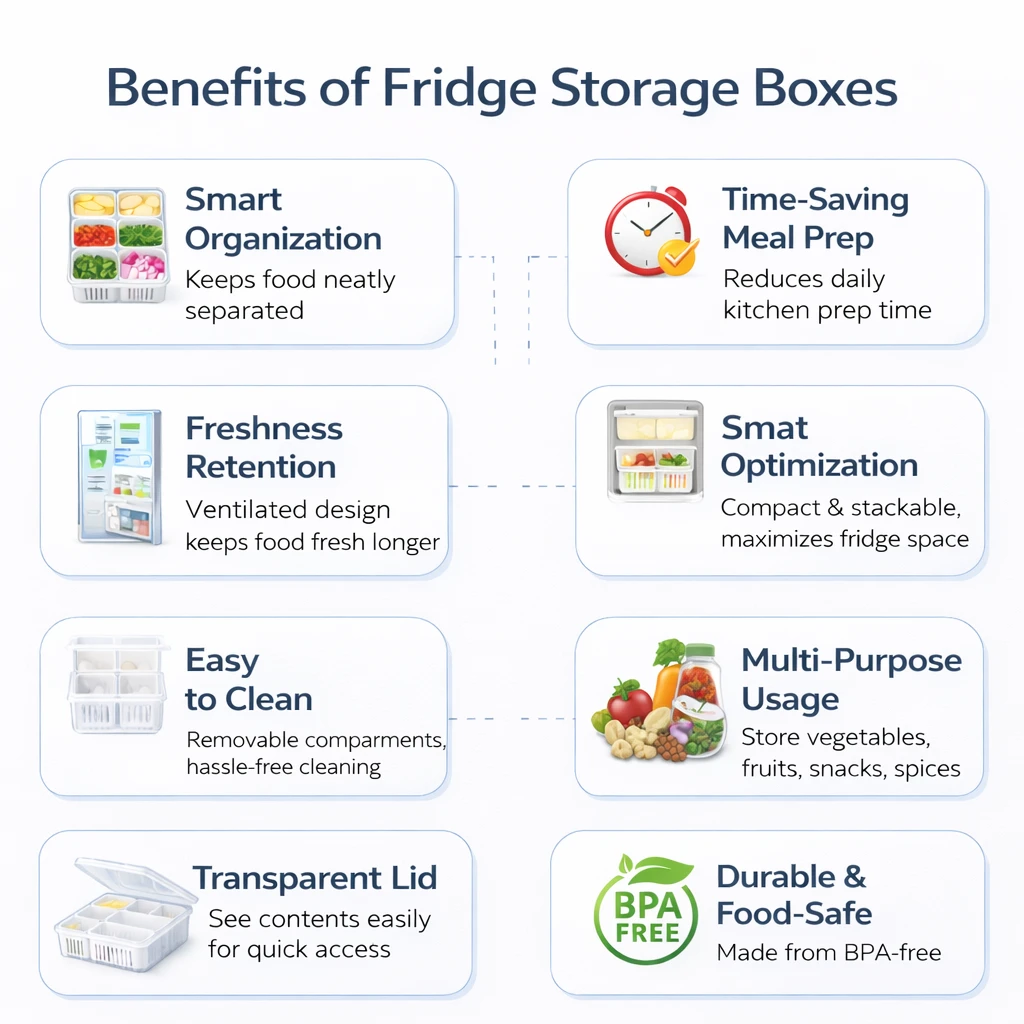 Infographic showing benefits like smart organization, freshness retention, easy cleaning and BPA-free material