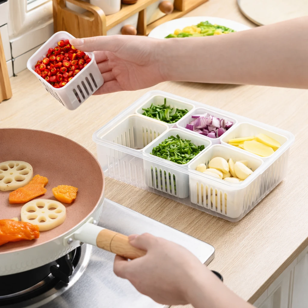 Hand lifting one small divider basket of chopped chilies beside the main organizer near a cooking pan