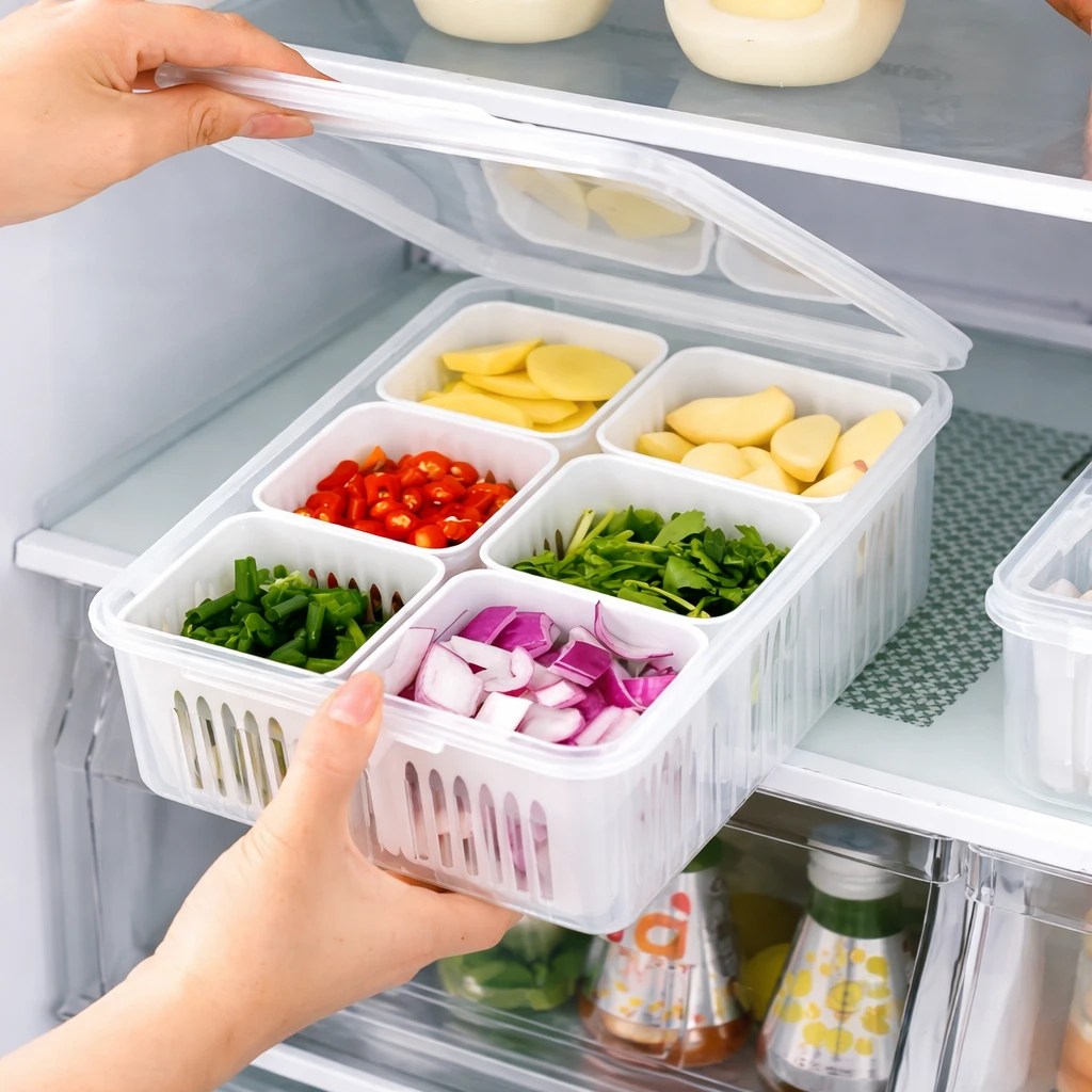Hands placing the open six-section container onto a refrigerator shelf with prepped ingredients inside