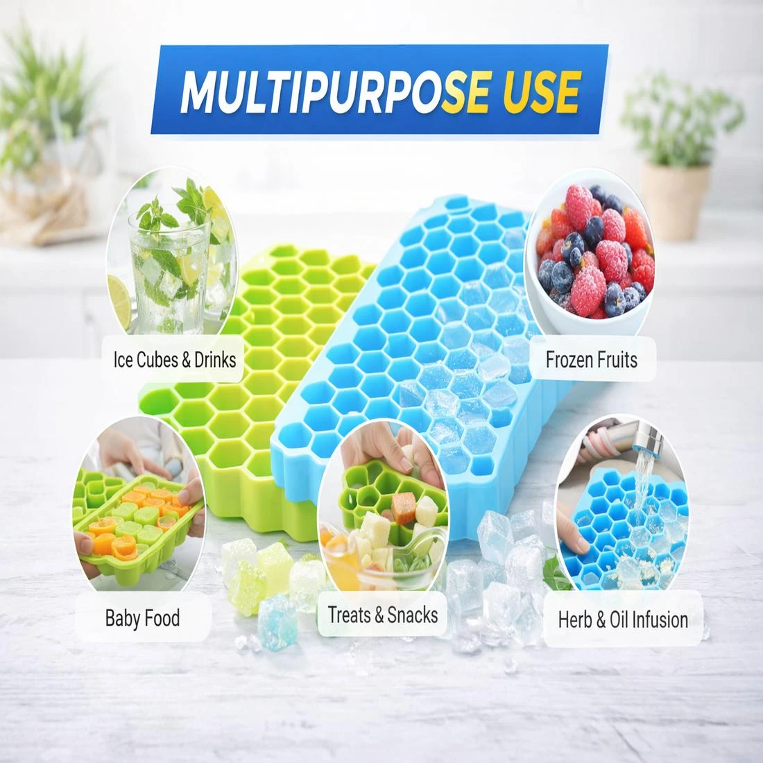 Two silicone hexagon trays with infographic callouts for drinks, frozen fruits, baby food, snacks, and infusions