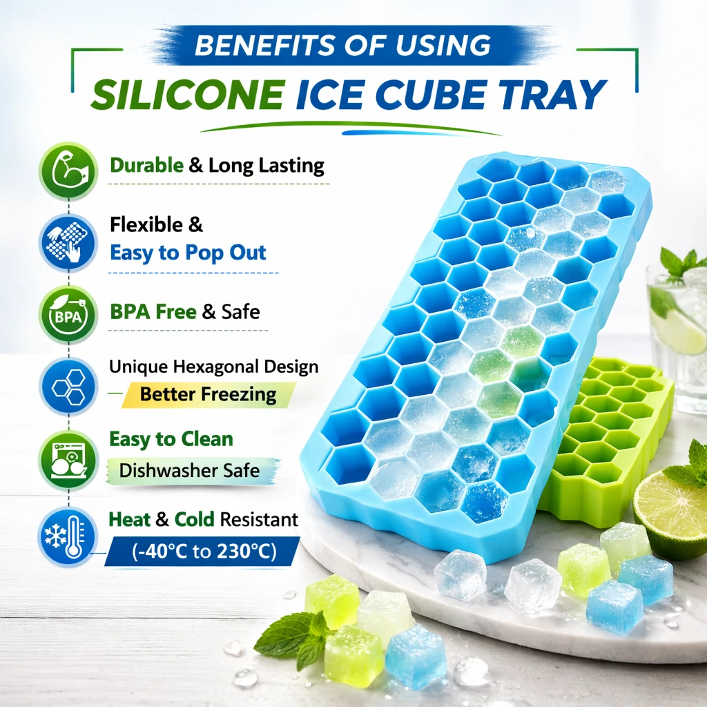 Benefit infographic with blue hexagon tray highlighting BPA-free, flexible, dishwasher-safe silicone