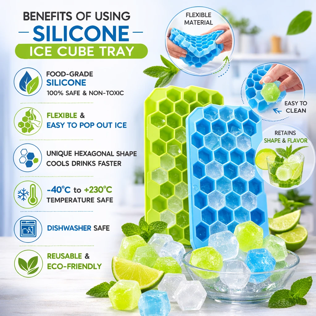 Infographic of blue and green silicone ice trays with feature icons and close-ups of flexible material
