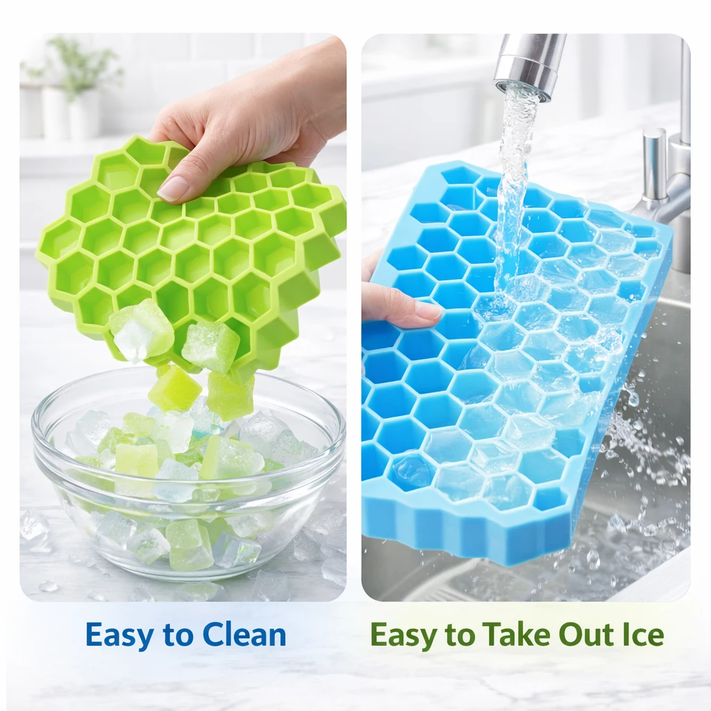 Green and blue hexagon silicone trays with text showing uses for drinks, fruit, baby food and infusions