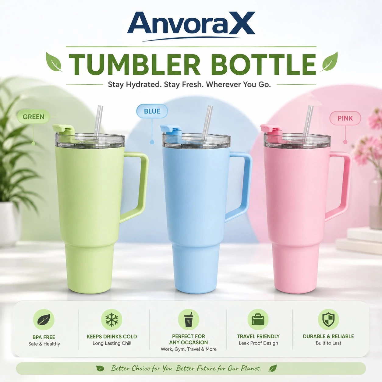 Lime green handled tumbler with clear lid and straw, shown upright on a marble stand