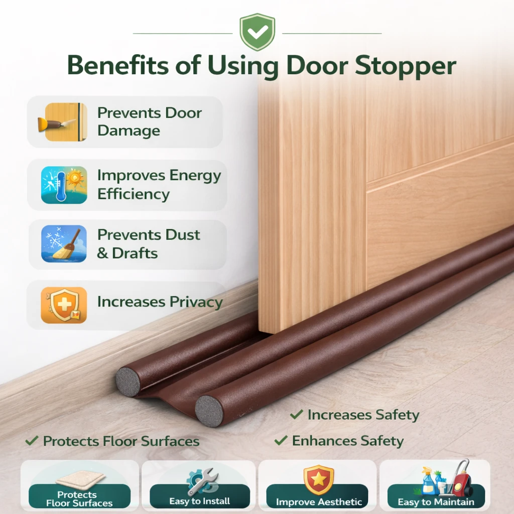 Benefit infographic with brown under-door stopper installed beneath a wooden door and feature callouts