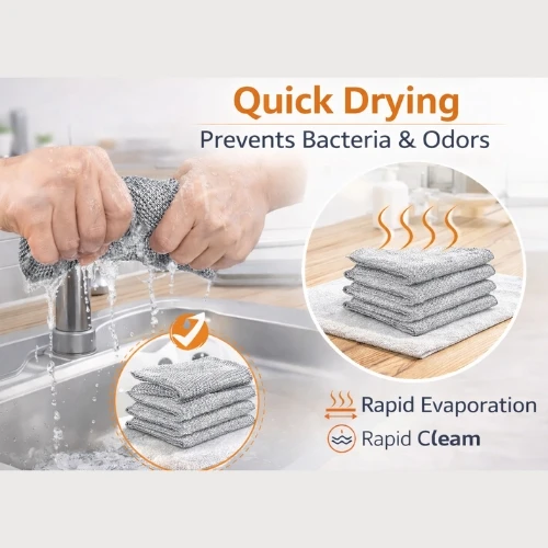 Hands wringing the silver mesh cloth over a sink with quick-drying callout graphics