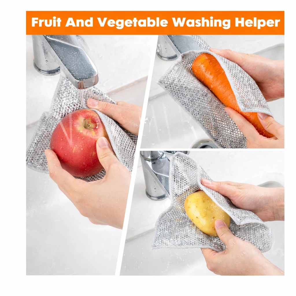 Gray scrub cloth washing an apple, carrot and potato under a kitchen faucet