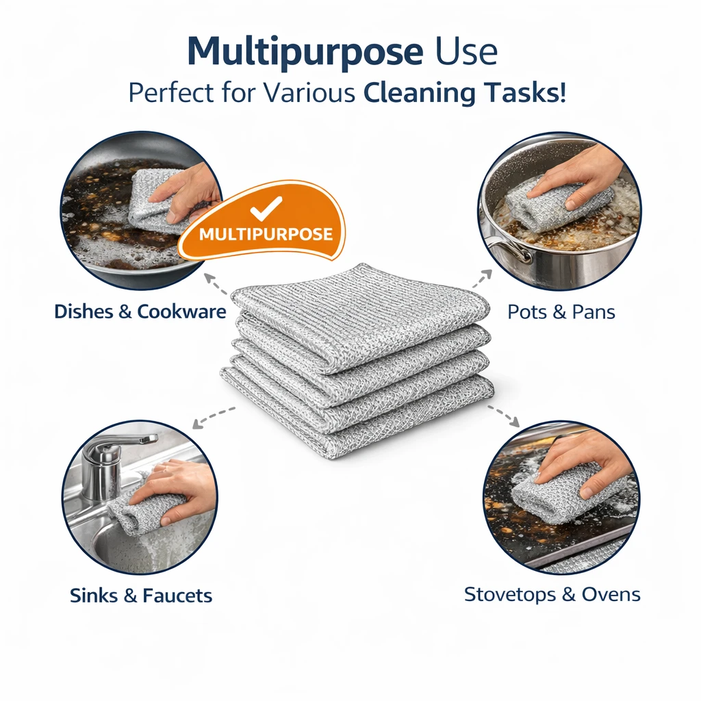 Multipurpose cloth infographic for cookware, pots, sinks and stovetops