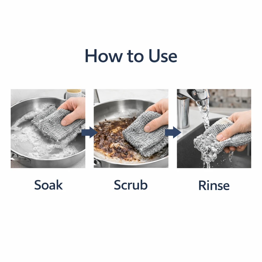 Three-step use guide showing soak, scrub and rinse with the cloth