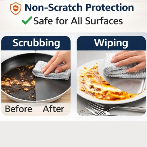 Before-and-after scrub demo on a pan and wiping food residue from a plate