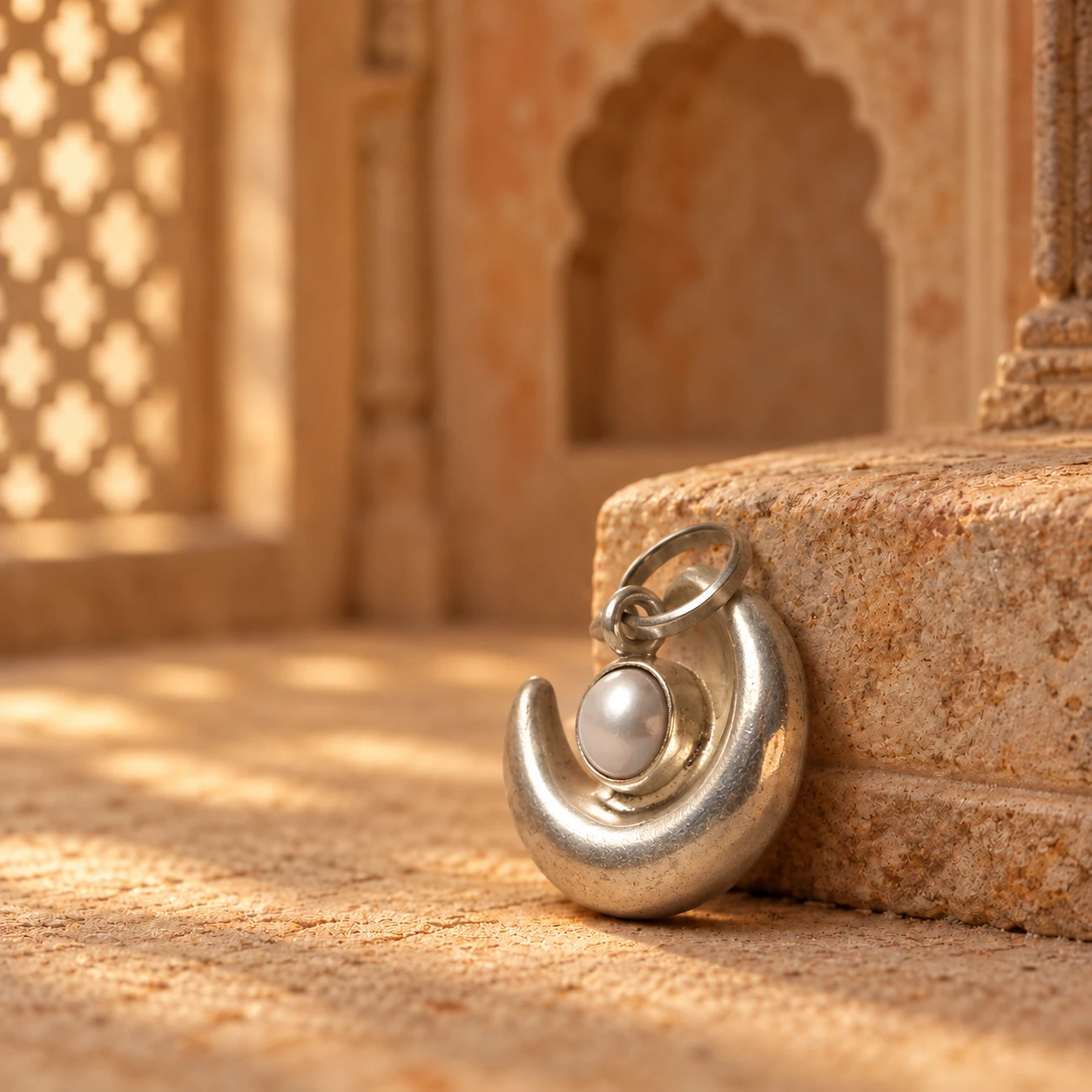 Angled side view of the crescent pendant showing ring loop and raised pearl center