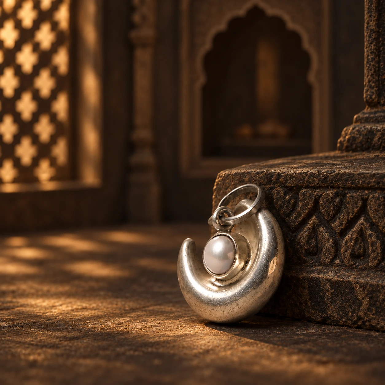 Pearl-set crescent charm leaning on a dark carved pedestal in warm ambient light