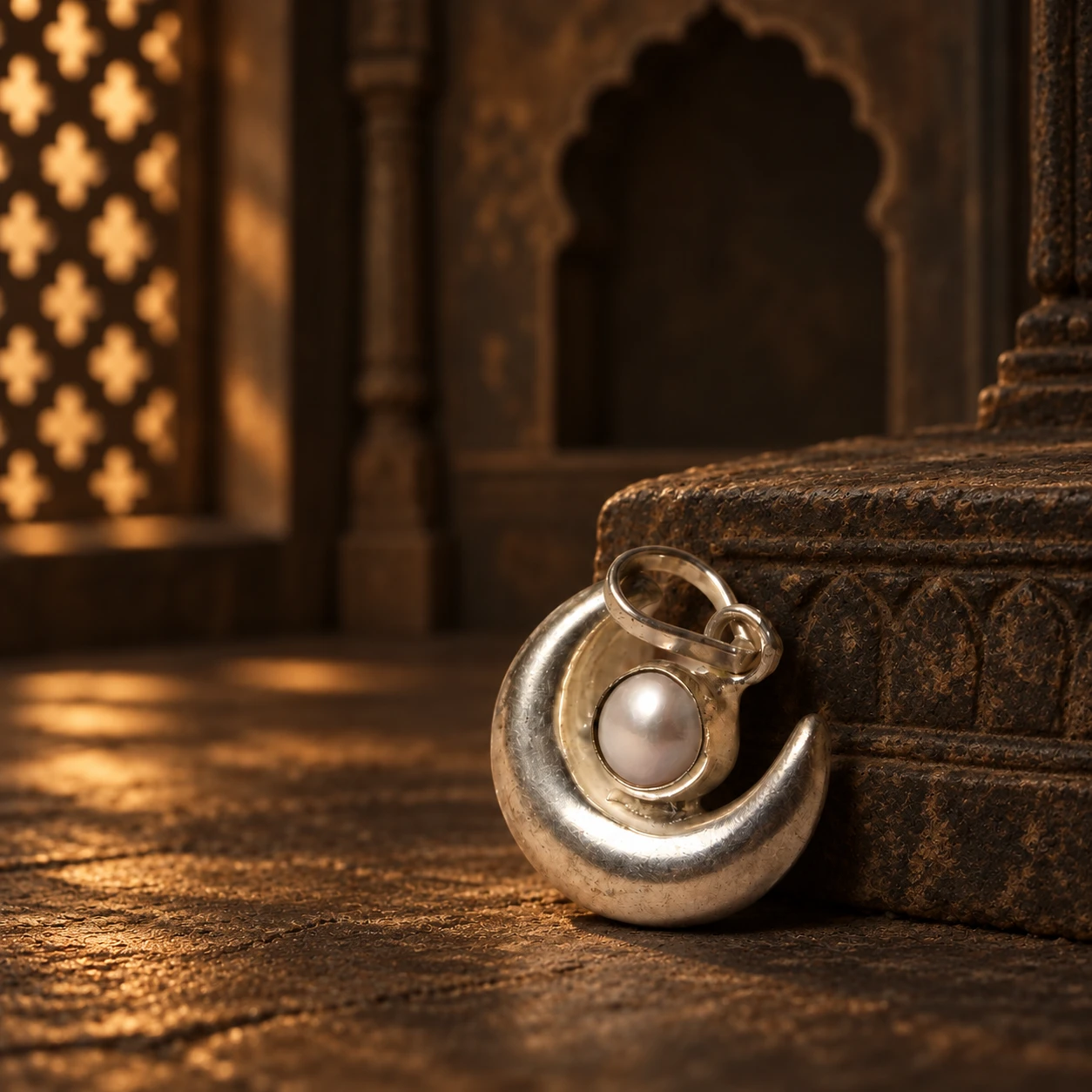 Close front view of the curved silver pendant with round pearl detail and top loop