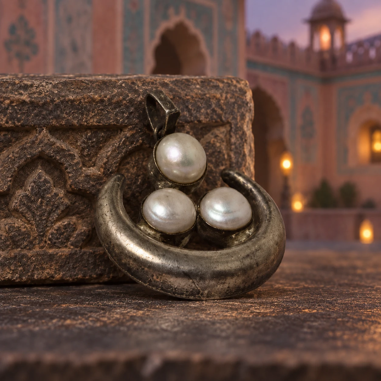 Front view of crescent pendant with three pearl-like stones against a carved brown backdrop