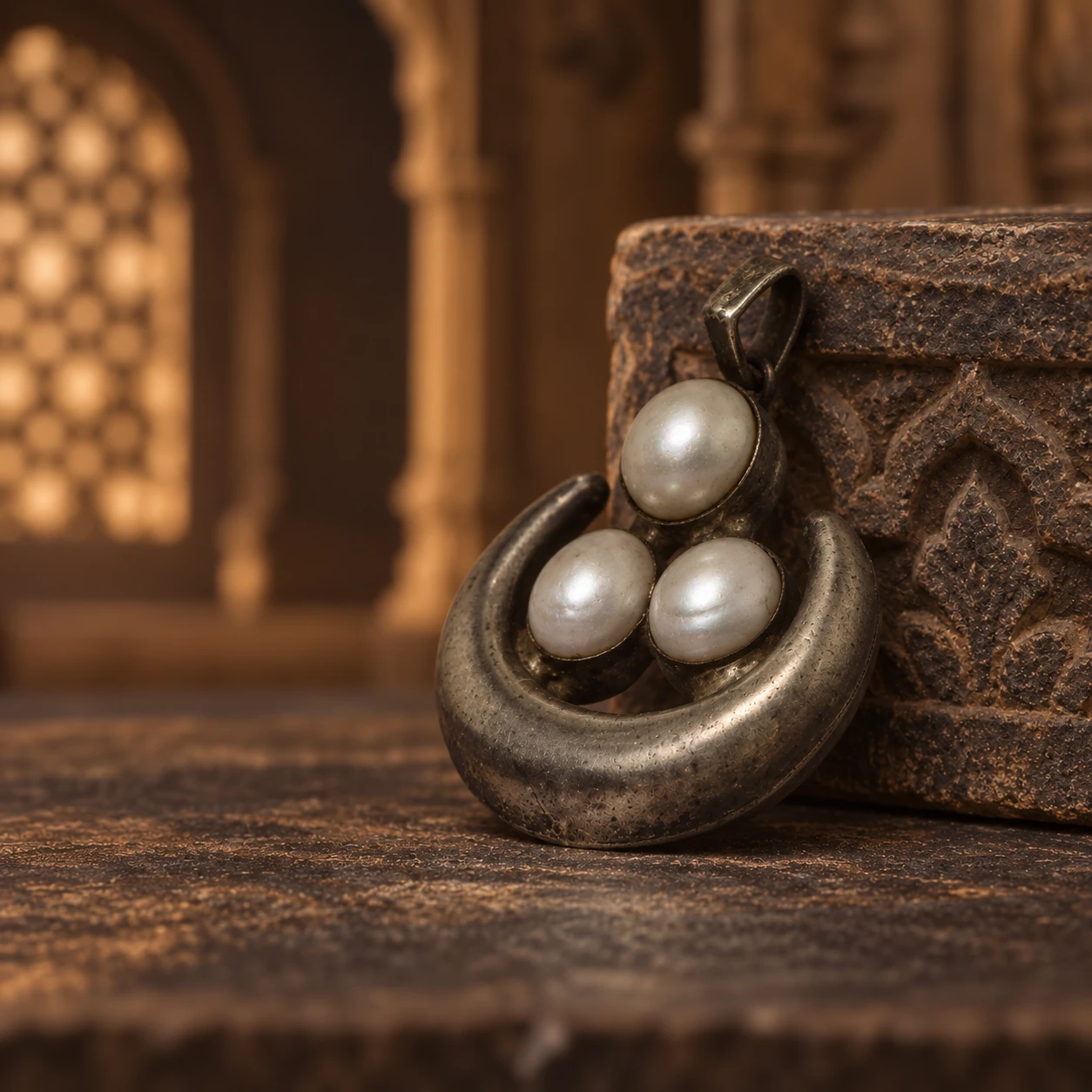 Angled side view showing the curved antique silver-tone frame and three raised pearl settings