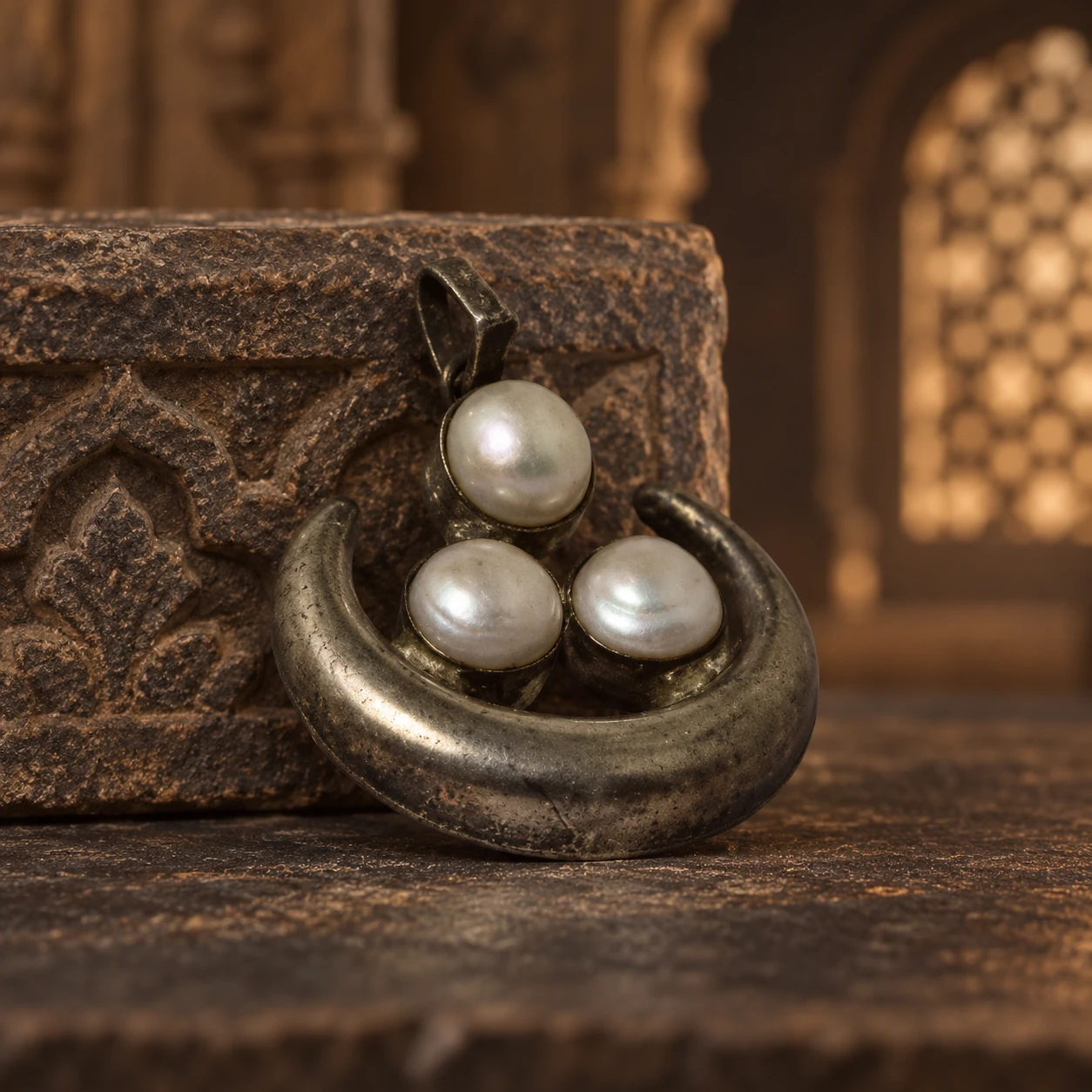 Centered close view of the pendant bail, crescent base and clustered pearl-like cabochons