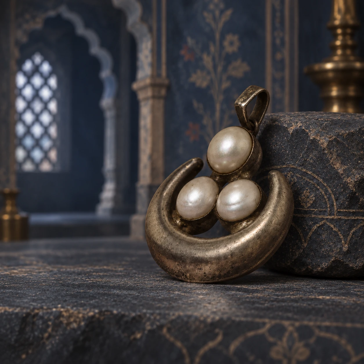 Pendant displayed beside a dark patterned block, highlighting the aged metallic finish and pearls